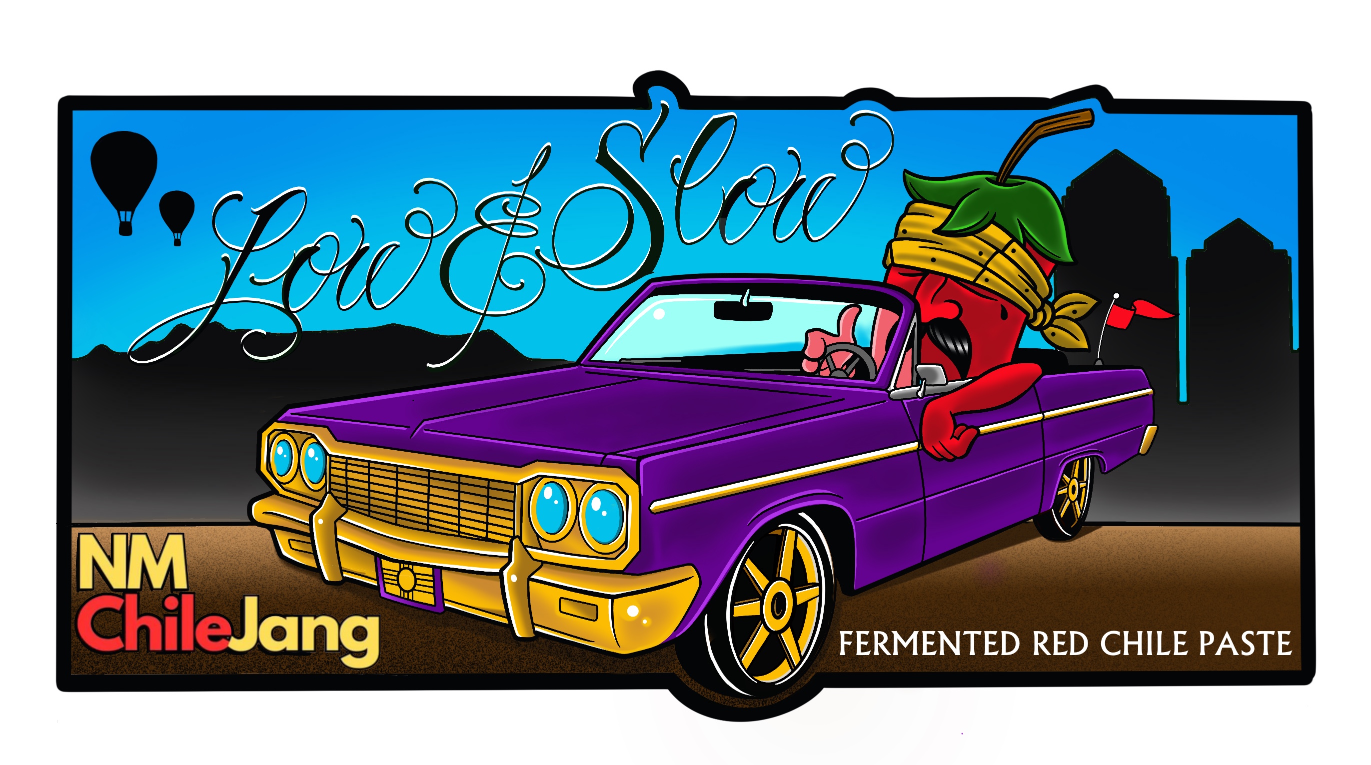 Original Low and Slow artwork: a red chile cruising in a purple lowrider through Albuquerque